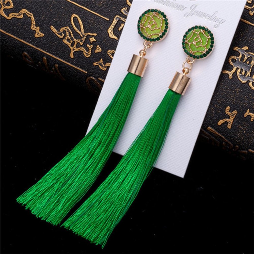 Green Bohemian Tassel Earrings - Picture 2 of 3